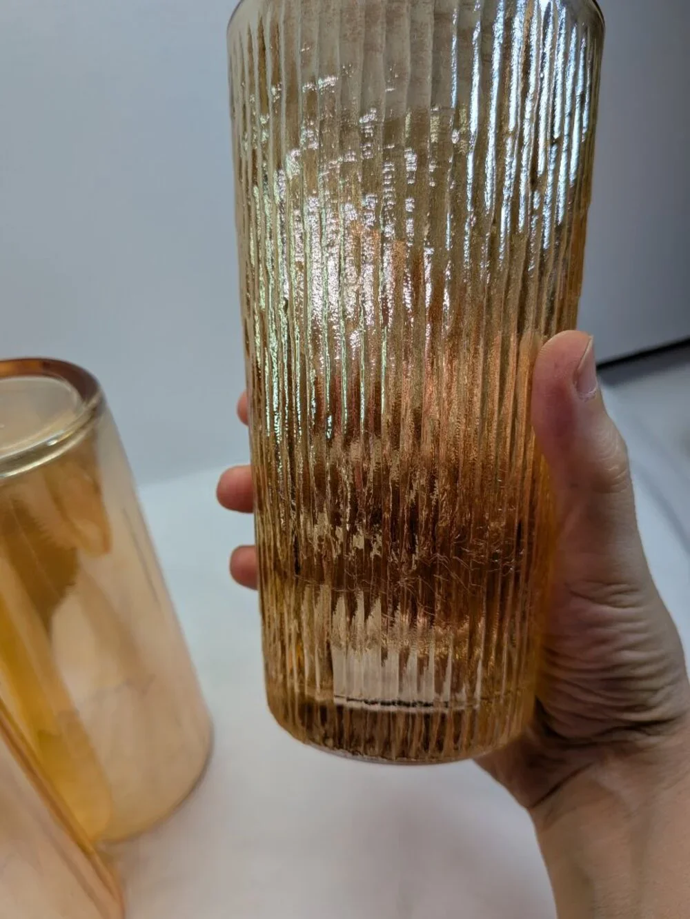Vintage MCM Tan Marigold Iridescent Glass Tumbler Trio - 3 Pc Mixed Texture Set